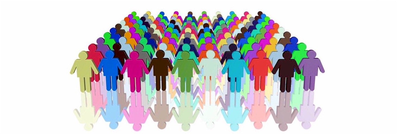 Das Bild zeigt stilisierte Menschen, die in mehreren Reihen hintereinander stehen. Jeder Mensch wird in einer anderen Farbe dargestellt