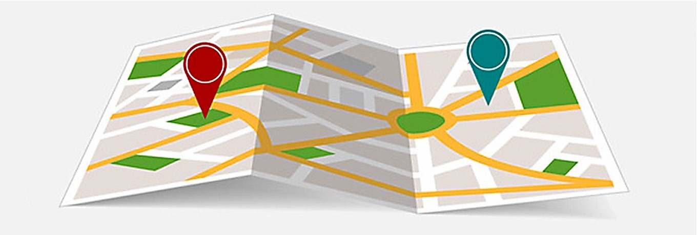 Das Bild zeigt einen stilisierten aufgeklappten Stadtplan mit einem roten und einem grünen Pfeil, die Örtlichkeiten auf dem Plan markieren.